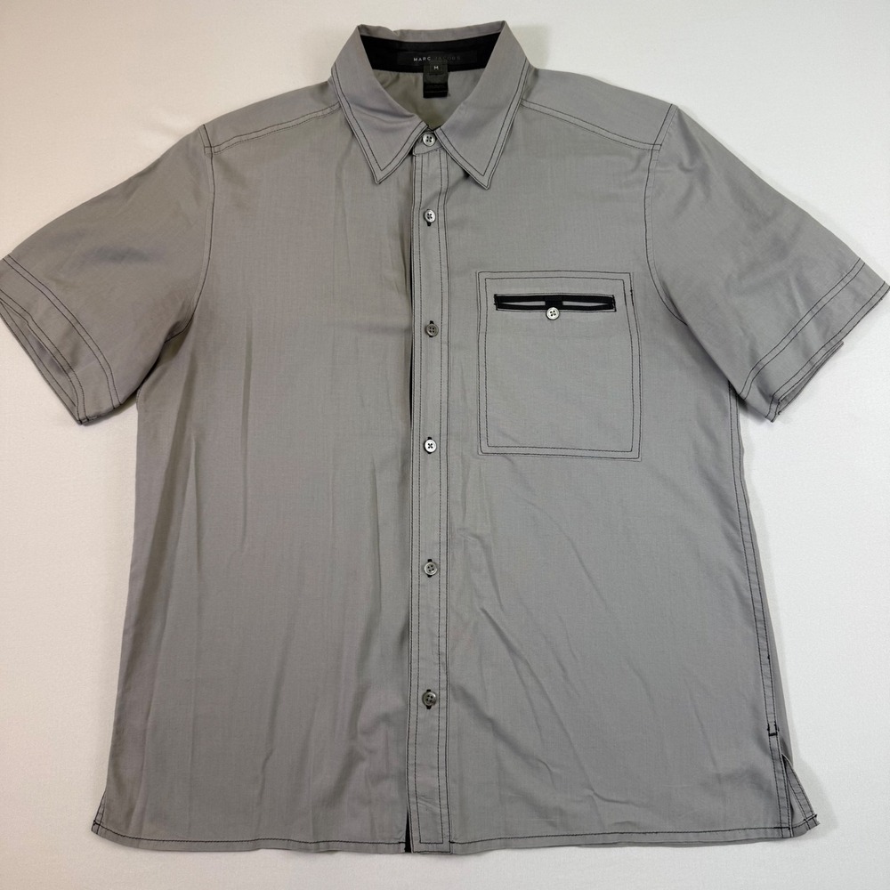 Marc Jacobs Button Up Shirt Mens Medium Gray Contrast Stitch Short Sleeve Light